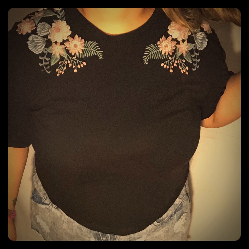 Black tee with embroidered florals
